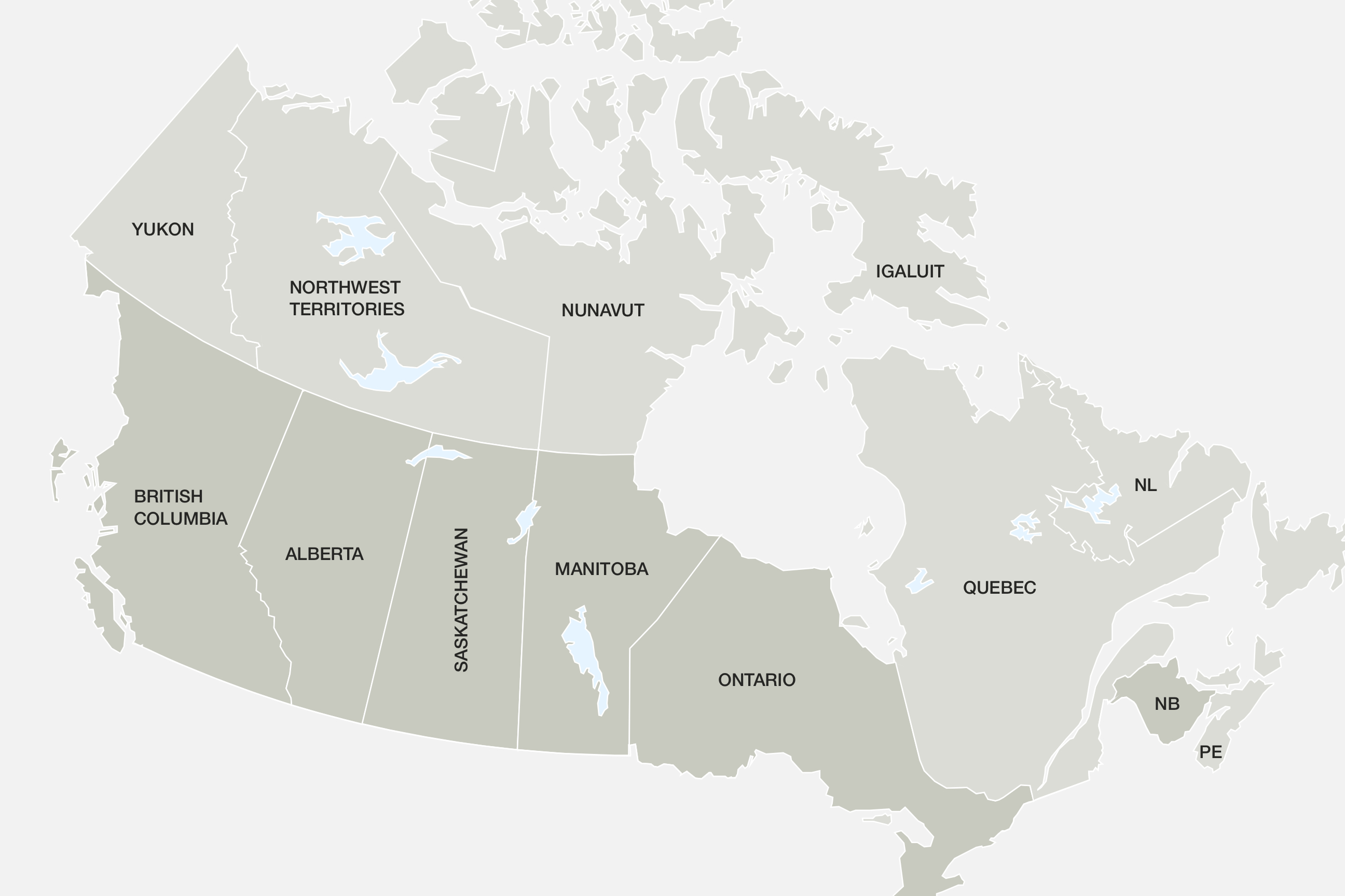 Map of Canada highlighting its provinces and territories for geographic reference