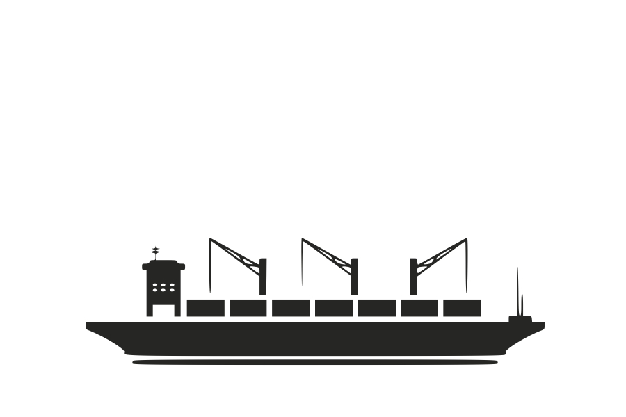 Silhouette of a cargo ship with onboard cranes for maritime logistics