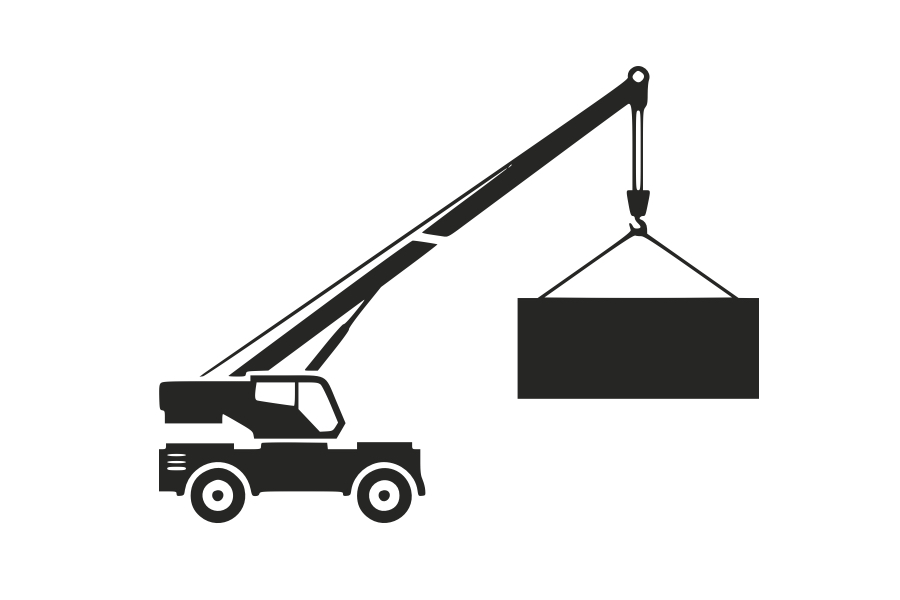 Graphic icon of a mobile crane lifting a cargo container